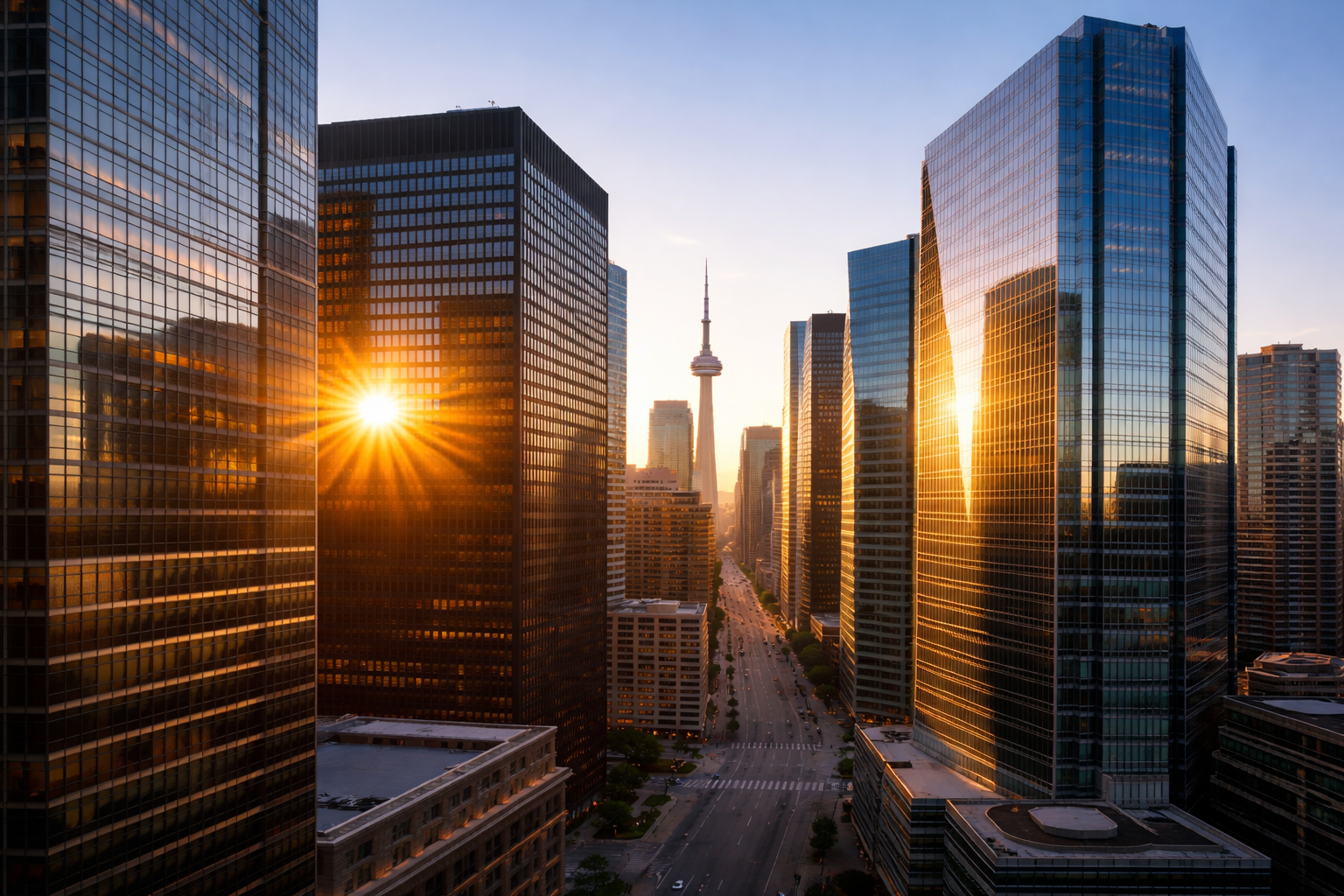 Sunlight hitting modern glass buildings at sunrise, blue sky, in the financial district