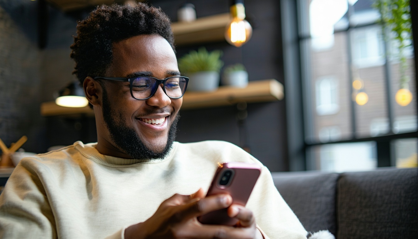 A happy person looking at his phone because he got a notification