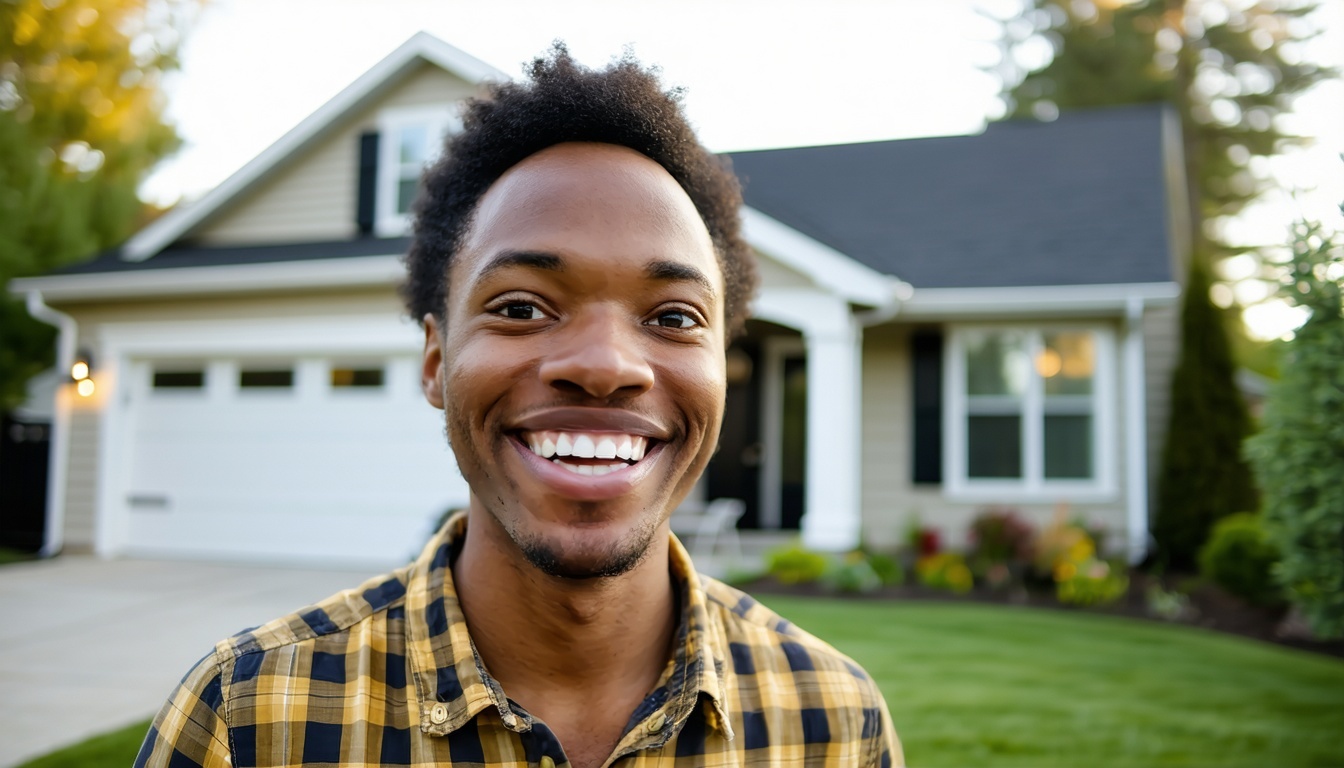 Close up shot of a happy person that just purchased their home Their home is in the background-1