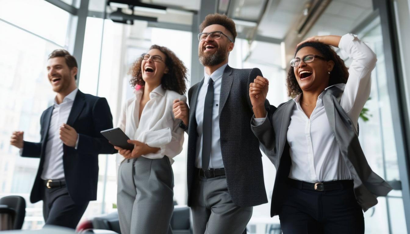 Managers in business professional attire that are so joyful and happy-1