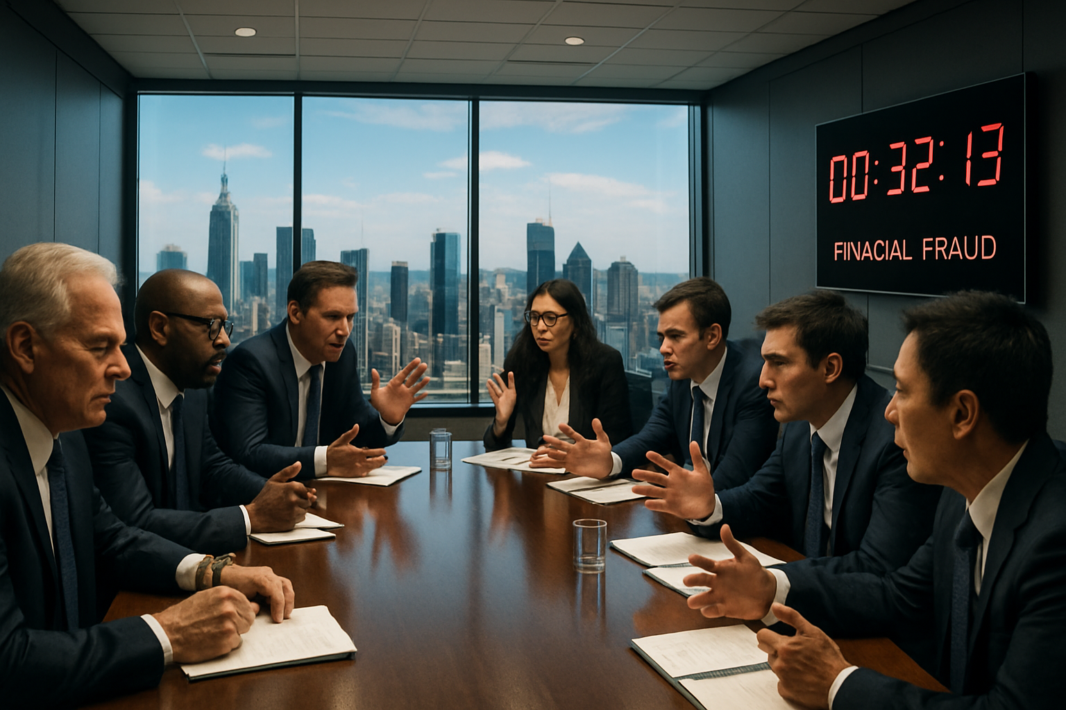 The image captures a highstakes boardroom meeting where a diverse group of executives converge around a polished oval table deep in discussion The tension in the air is palpable with the room filled with the sound of passionate voices and the scratch-1