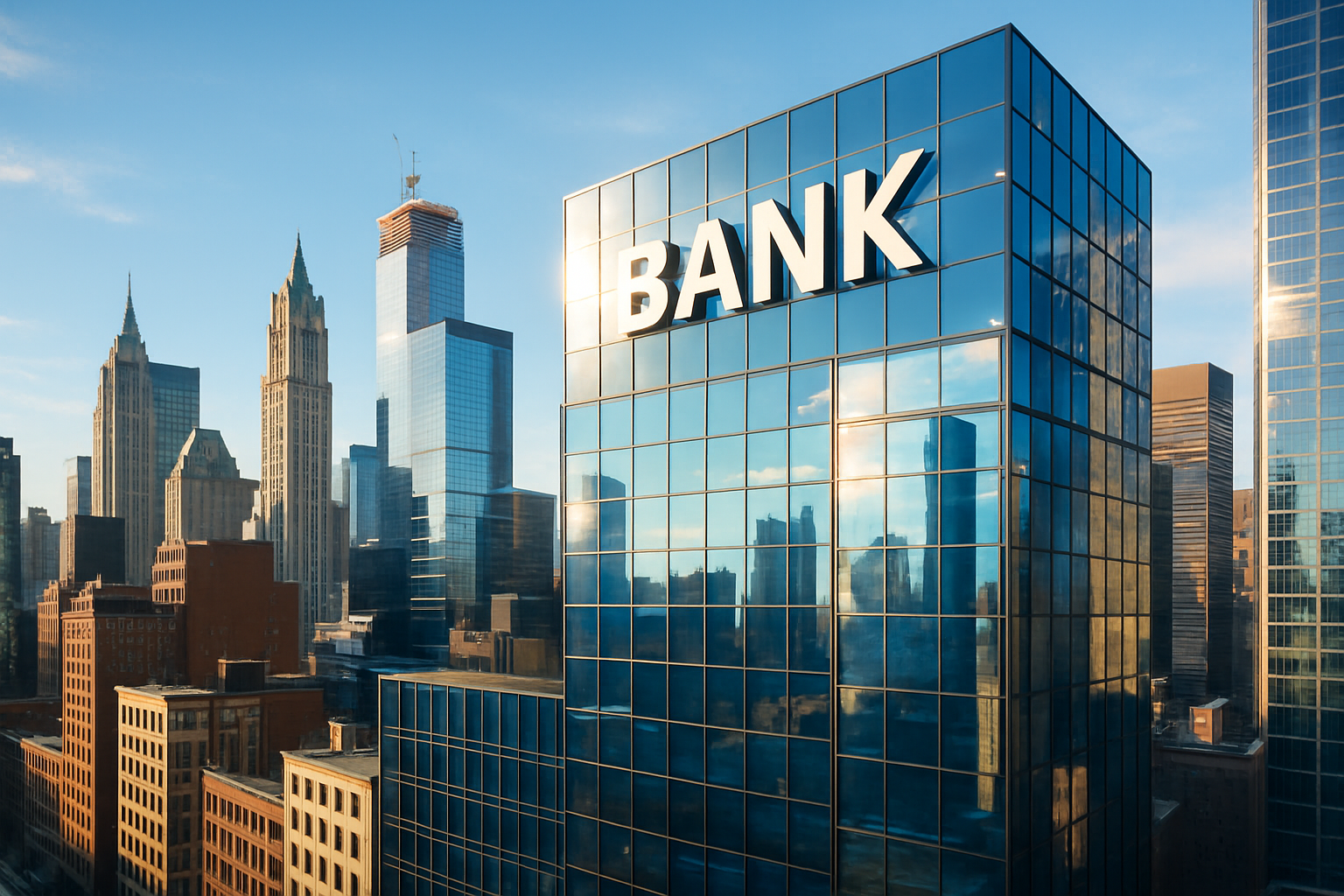 The image depicts a dynamic urban landscape showcasing a modern bank building adorned The blue skyline in the background features a mix of traditional and contemporary architecture symbolizing the clash between legacy banking institutions and innovat