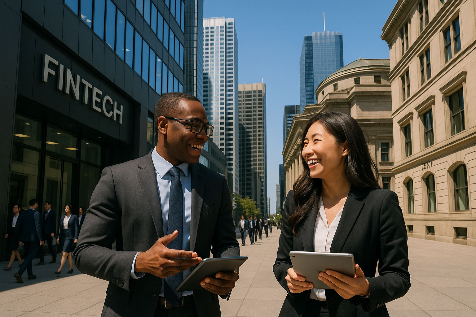 The image features a bustling financial district in Canada showcasing a mix of modern skyscrapers and traditional buildings In the foreground a diverse couple of business professionals in sharp suits smile and engage in animated discussions holding d