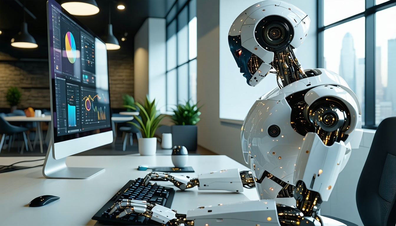 The image showcases a modern sleek office environment filled with natural light where a beautiful robot is typing on a keyboard and working-1