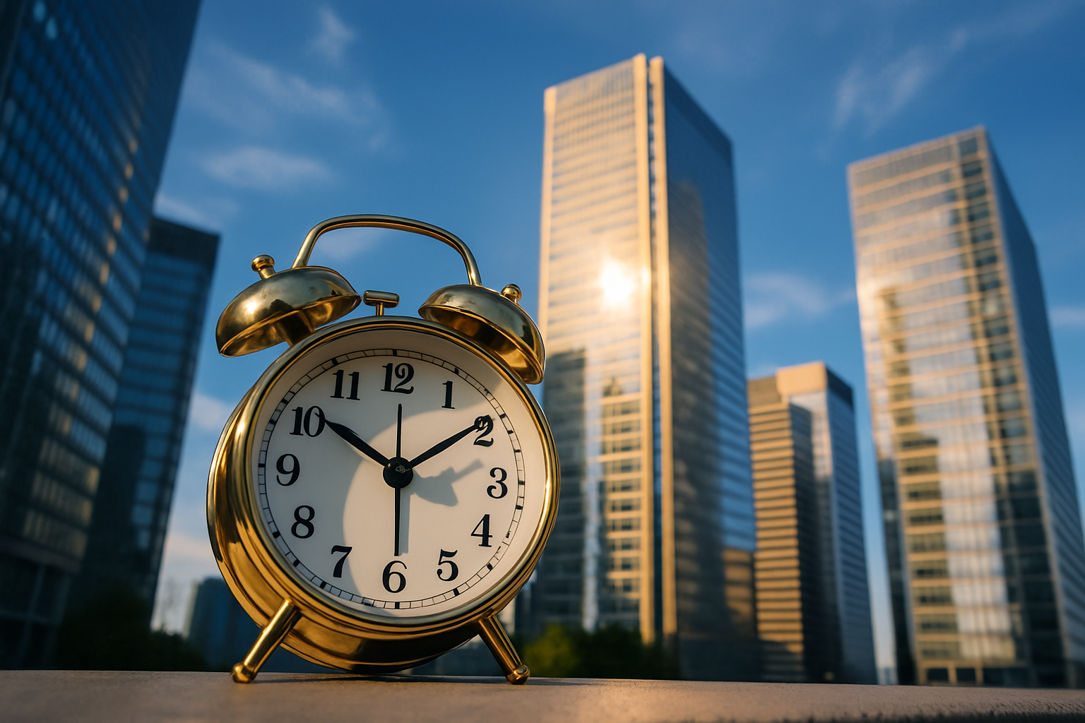 The scene features a stunning alarm clock its elegant design gleaming in the sunlight set against a backdrop of towering financial skyscrapers that reflect the brilliance of the day Above a vibrant blue sky stretches endlessly dotted with wispy cloud
