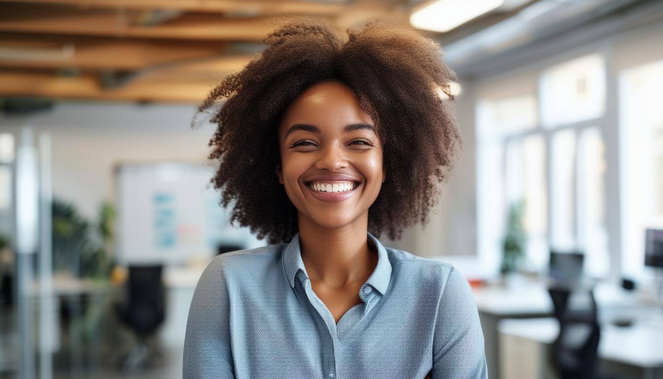 Visualize a very happy employee in an office