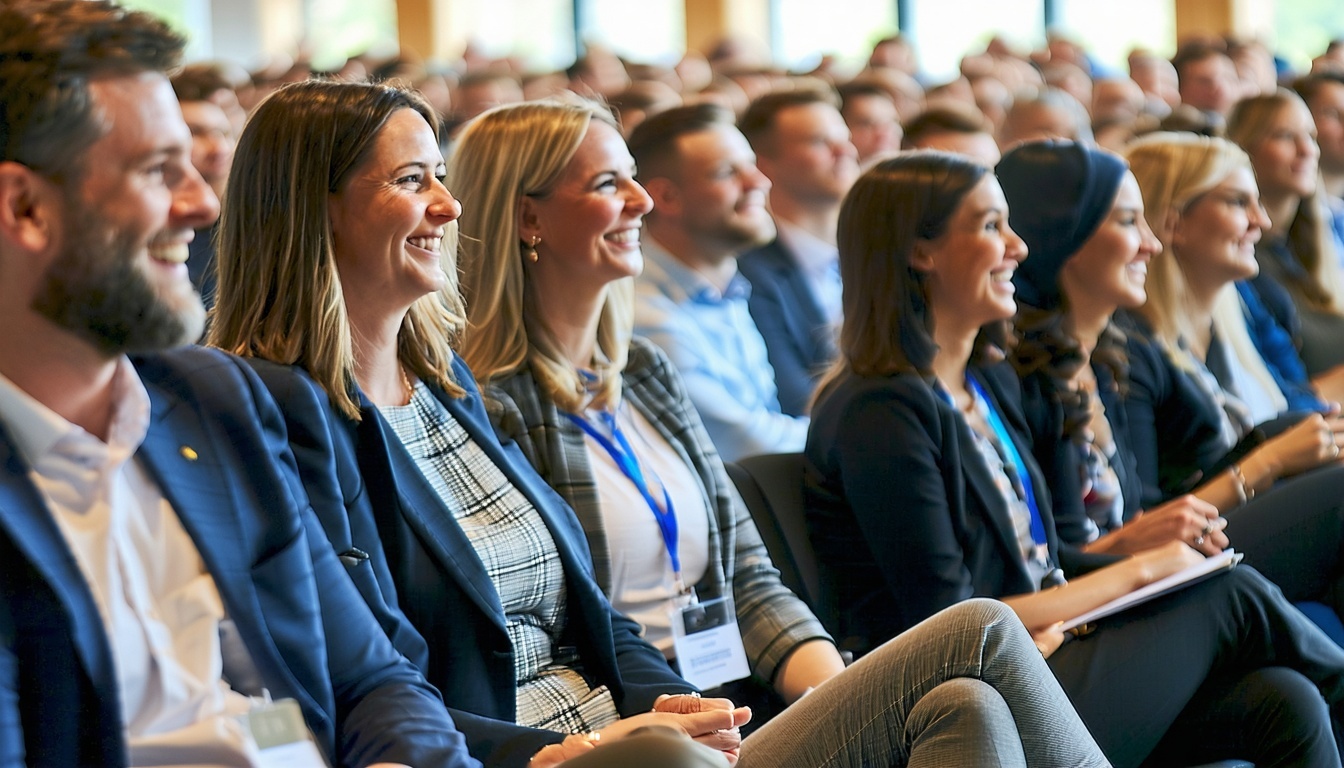 a picture of the crowd sitting and attentively listening smiling at a bankers professional conference