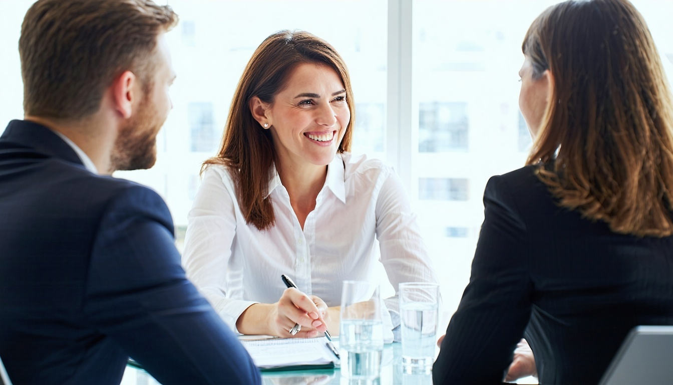 can you visualize a financial advisor having a meeting with a couple about their investment strategy This is an informative friendly happy meeting between a couple and a female advisor