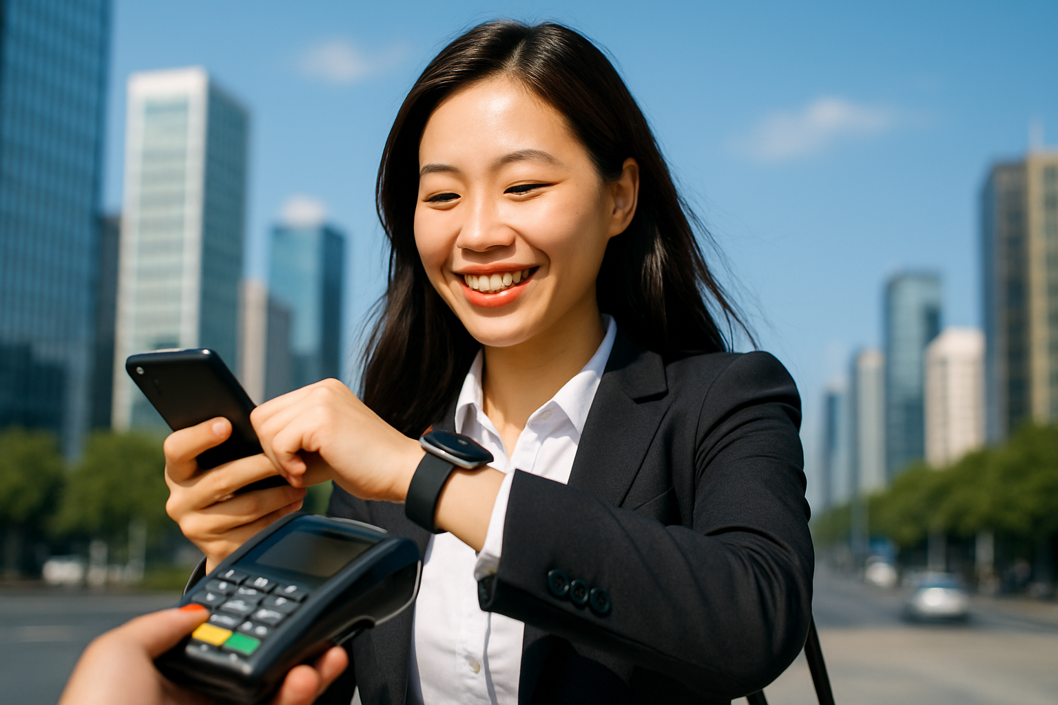 photographic A Chinese happy business women tapping a smartphone or watch to pay at a terminal Its a beautiful day blue sky in the city