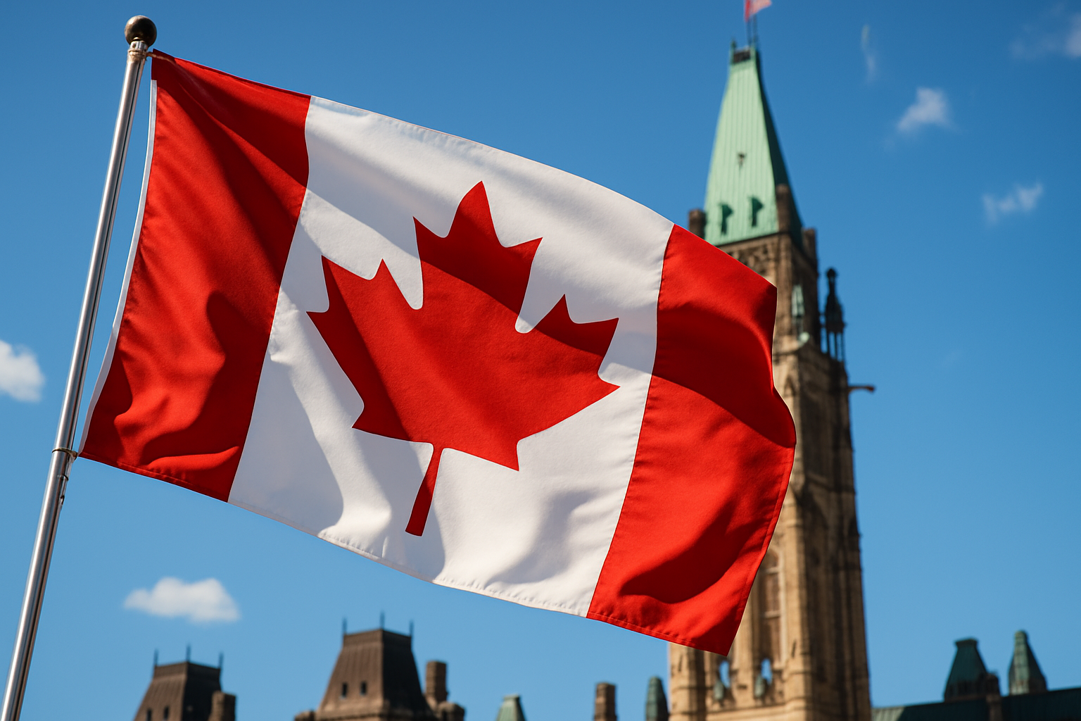 photographic - a close up to the Canadian flag blowing outside the parliament Its a beautiful day the sky is blue-1