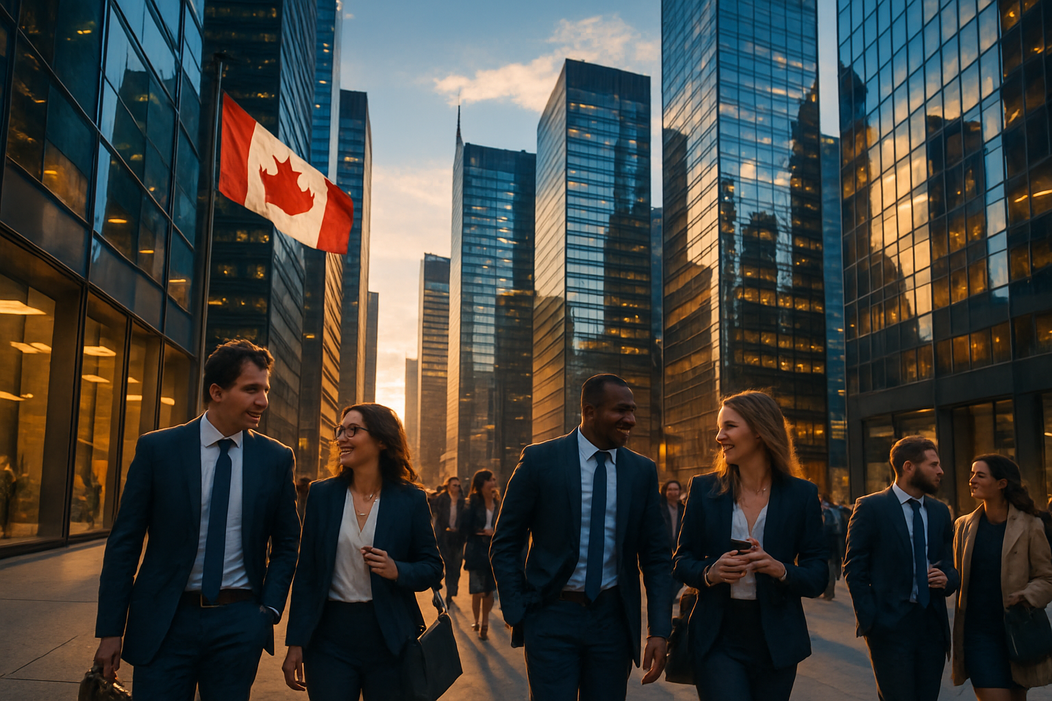 photographic In a bustling financial district of a modern Canadian city a diverse group of professionals walks briskly along the sleek glassfronted bu