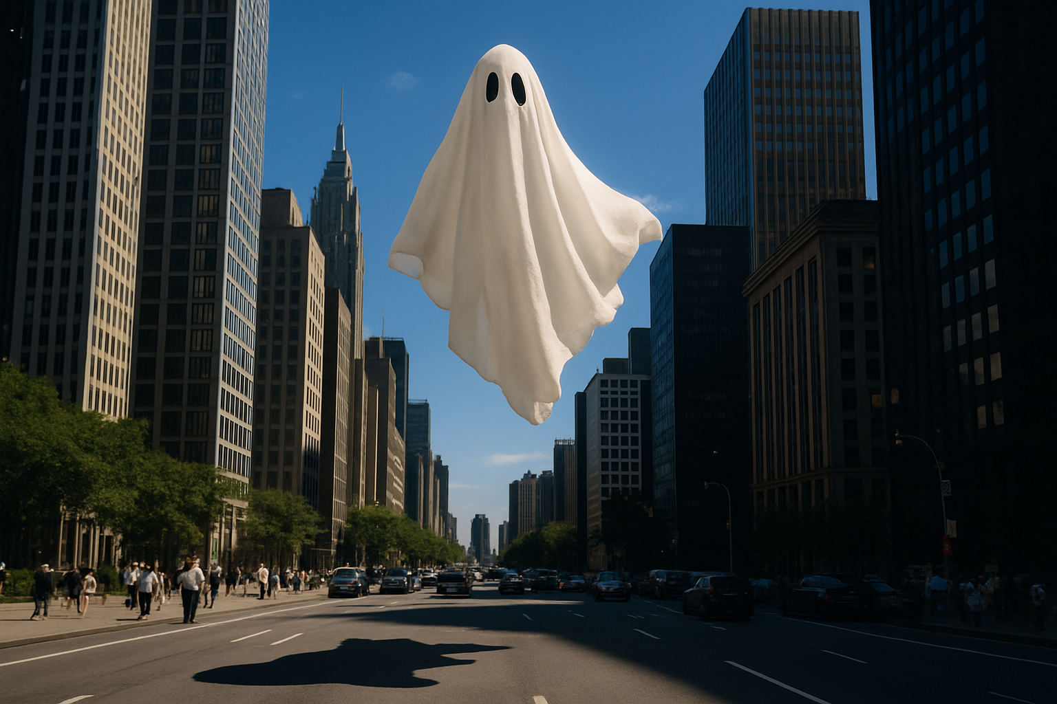 photographic a ghost with a shadow but its a beautiful day the sky is blue in the city with tall sky scrapers the ghost is flying above the busy finan