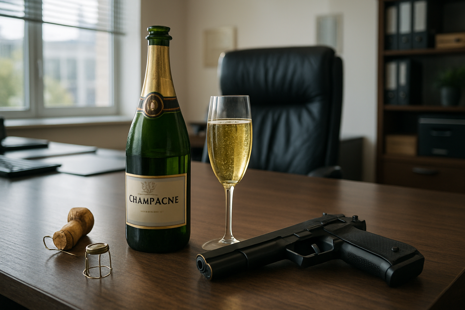 photographic an image of opened champagne on a table with a loaded gun in an office with good lighting