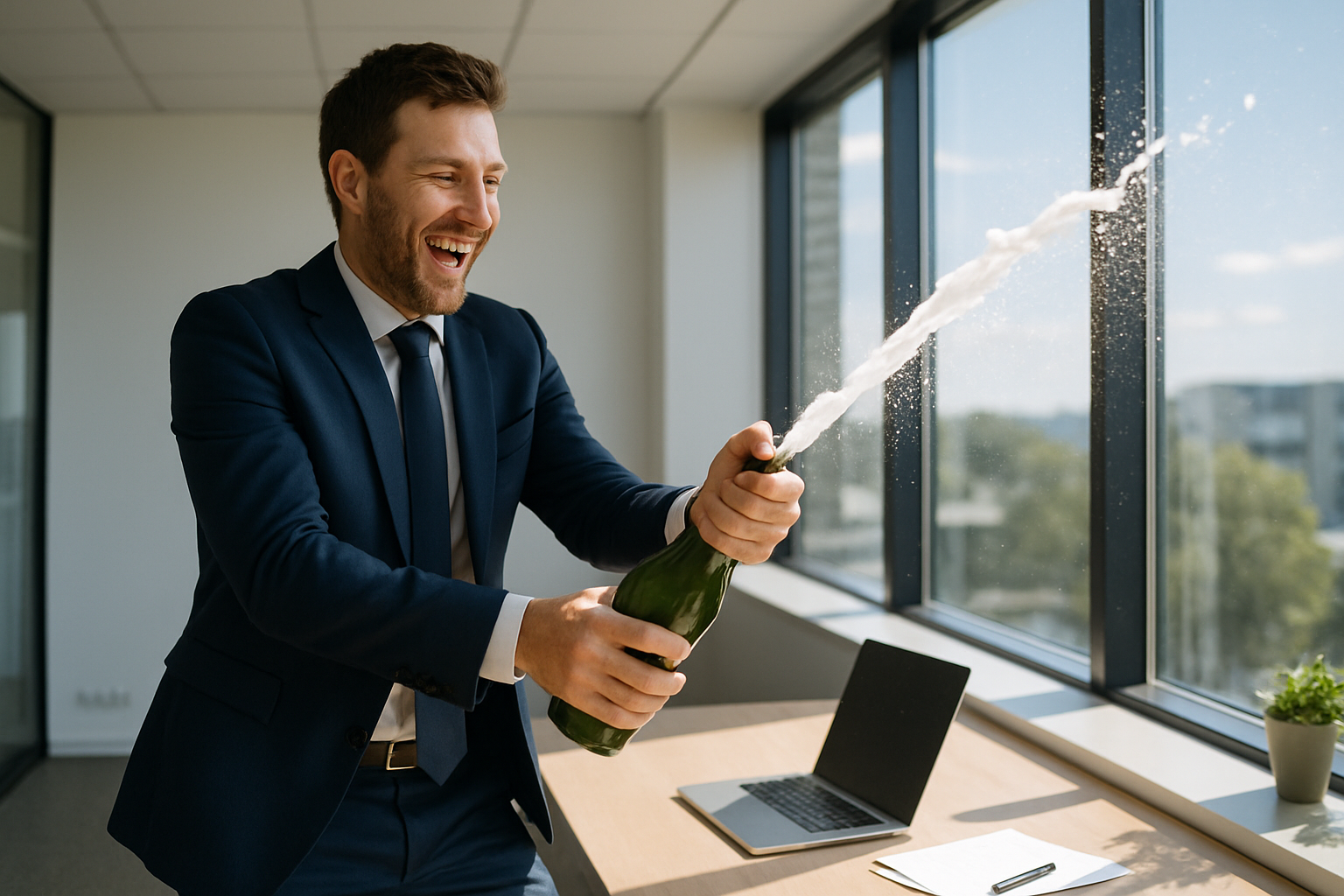 photographic popping champagne on a beautiful day in a business office make it realistic-1-1