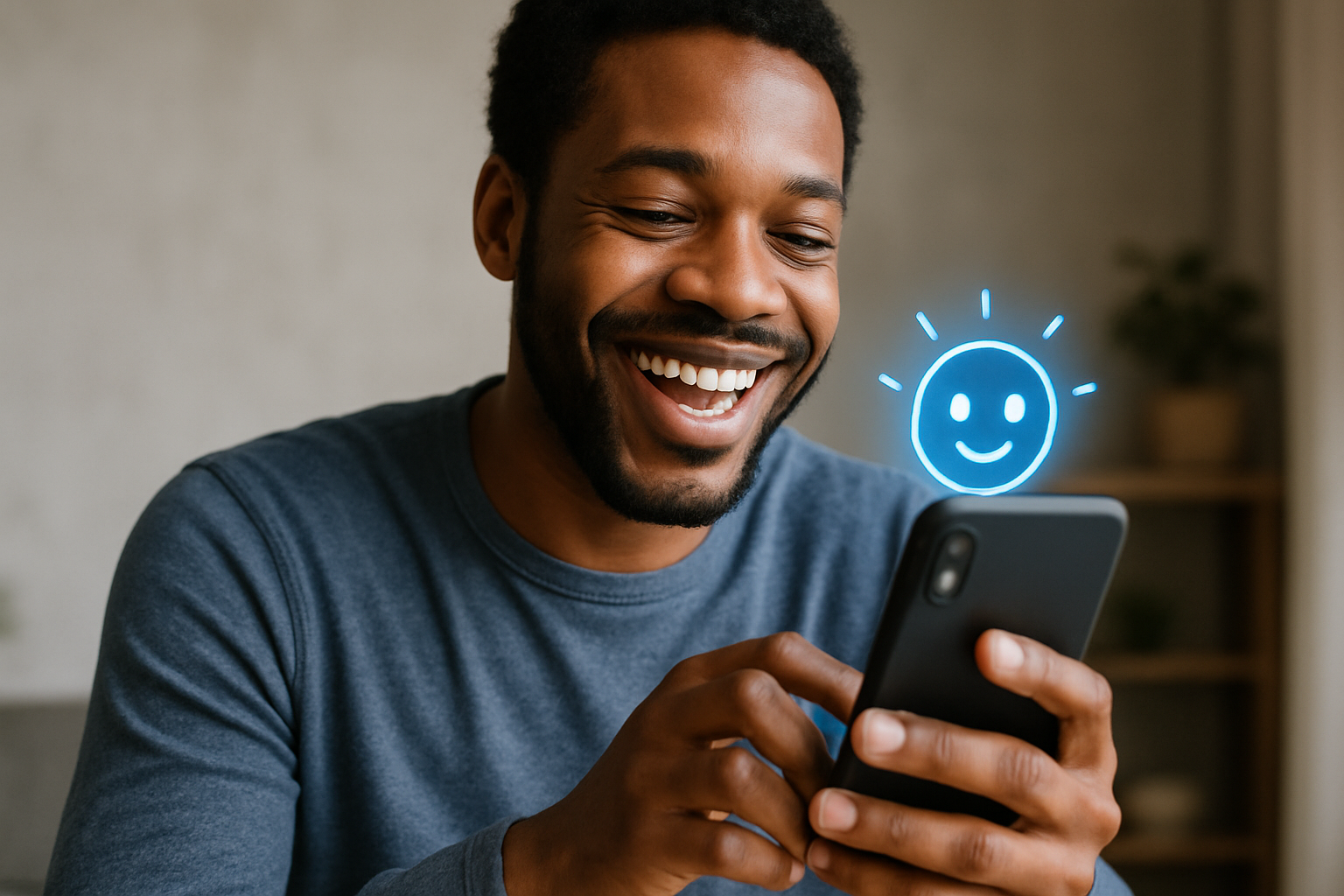 please illustrate a happy AI conversation maybe a african american person smiling while working on their phone