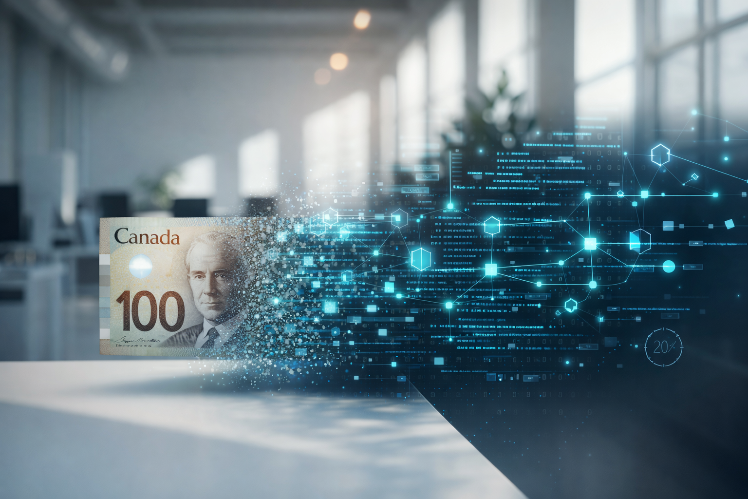 A Canadian $100 bill dissolves into glowing particles that transform into blue digital code and blockchain-style network nodes, set against a softly blurred modern office background with large windows and natural light.