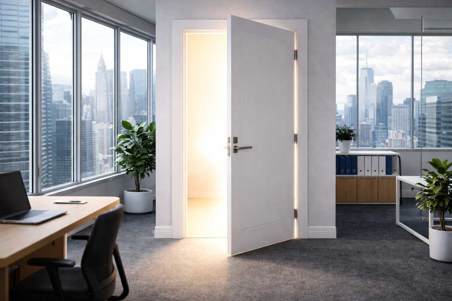 A modern business office in a financial district with floor-to-ceiling windows overlooking a city skyline, featuring a partially open door emitting bright light into a clean, minimalist workspace with desks, chairs, and plants.