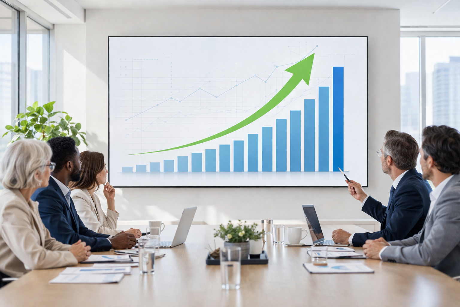 Bright, modern boardroom with natural light streaming in through large windows. A group of professionals sits around a light wood conference table, focused on a large screen displaying a clean, upward-trending bar chart with a rising arrow, symbolizing strong growth.
