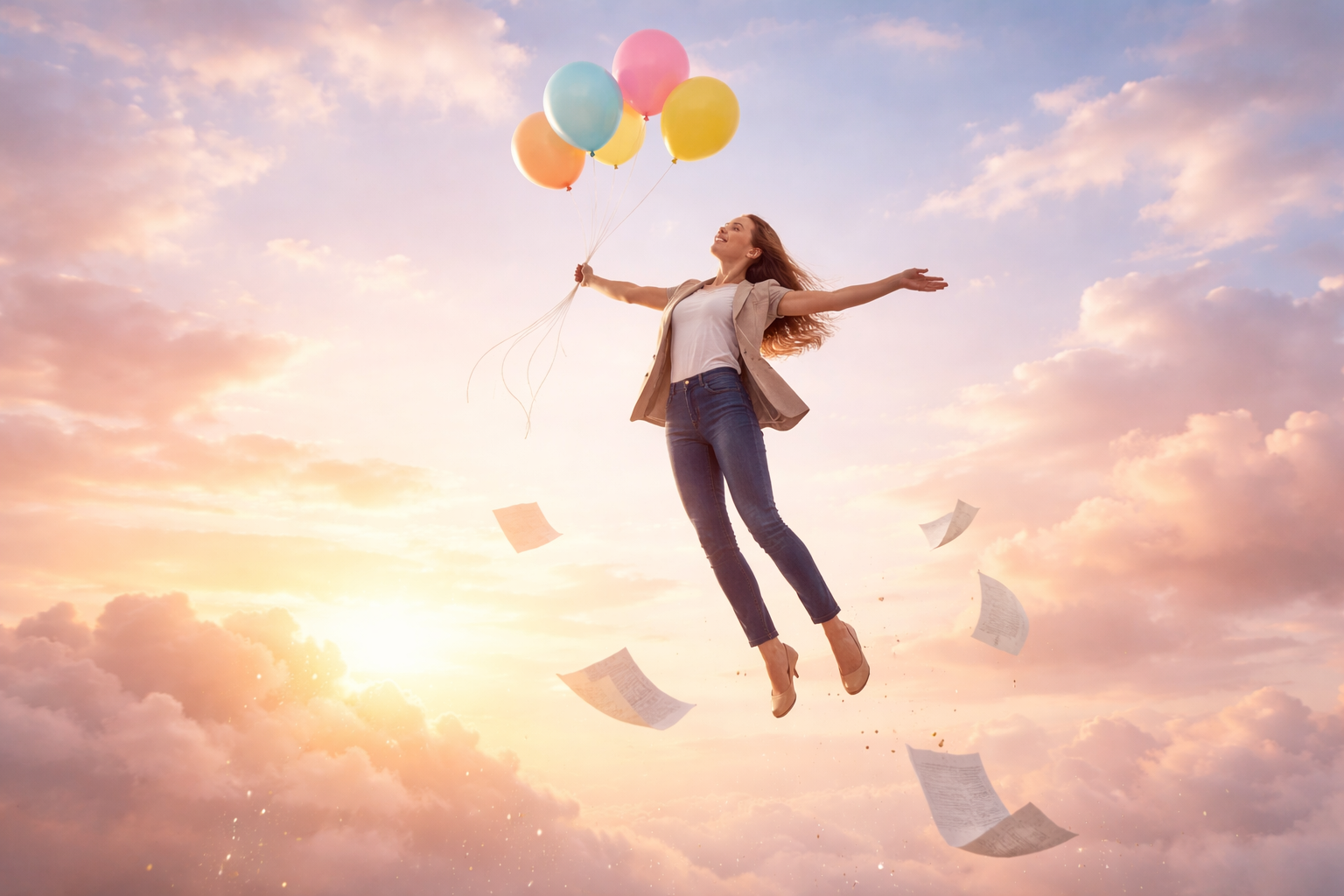 Business professional woman floating upward in a pastel sunset sky, arms outstretched and smiling, holding colorful balloons while papers drift below, symbolizing relief and lightness.
