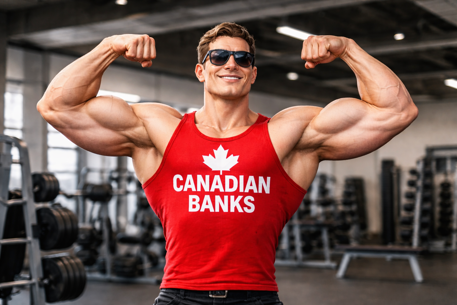 A muscular man in a red tank top reading “CANADIAN BANKS” flexes both arms in a modern gym, smiling confidently while showing his biceps. Gym equipment is visible in the softly blurred background, symbolizing the strength and resilience of Canadian banks.