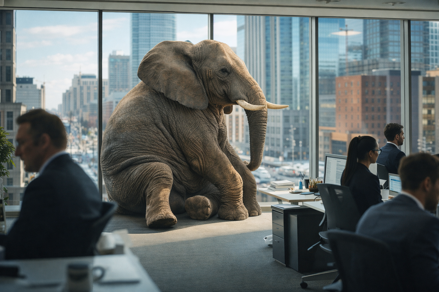 large elephant sitting in a business office