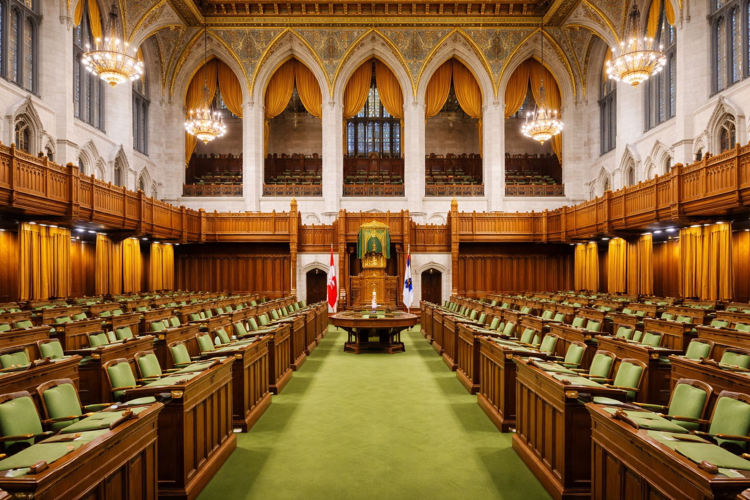 Interior imitation of Canada’s House of Commons in Ottawa, featuring rows of green seats, ornate wood paneling, and the Speaker’s chair beneath arched Gothic architecture and chandeliers.