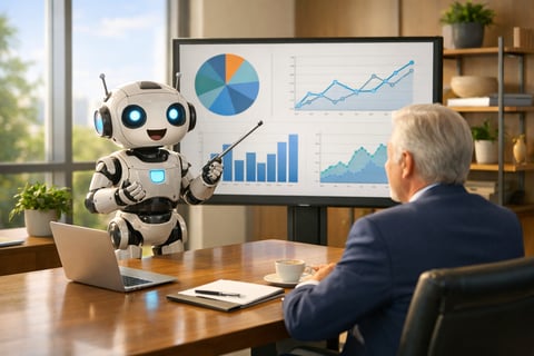 A friendly, cute robot stands in a bright, modern office, presenting charts on a screen to a seated CEO at a wooden desk. Sunlight fills the room, highlighting a clean workspace with a laptop, notebook, and coffee cup, while the robot gestures enthusiastically during the briefing.