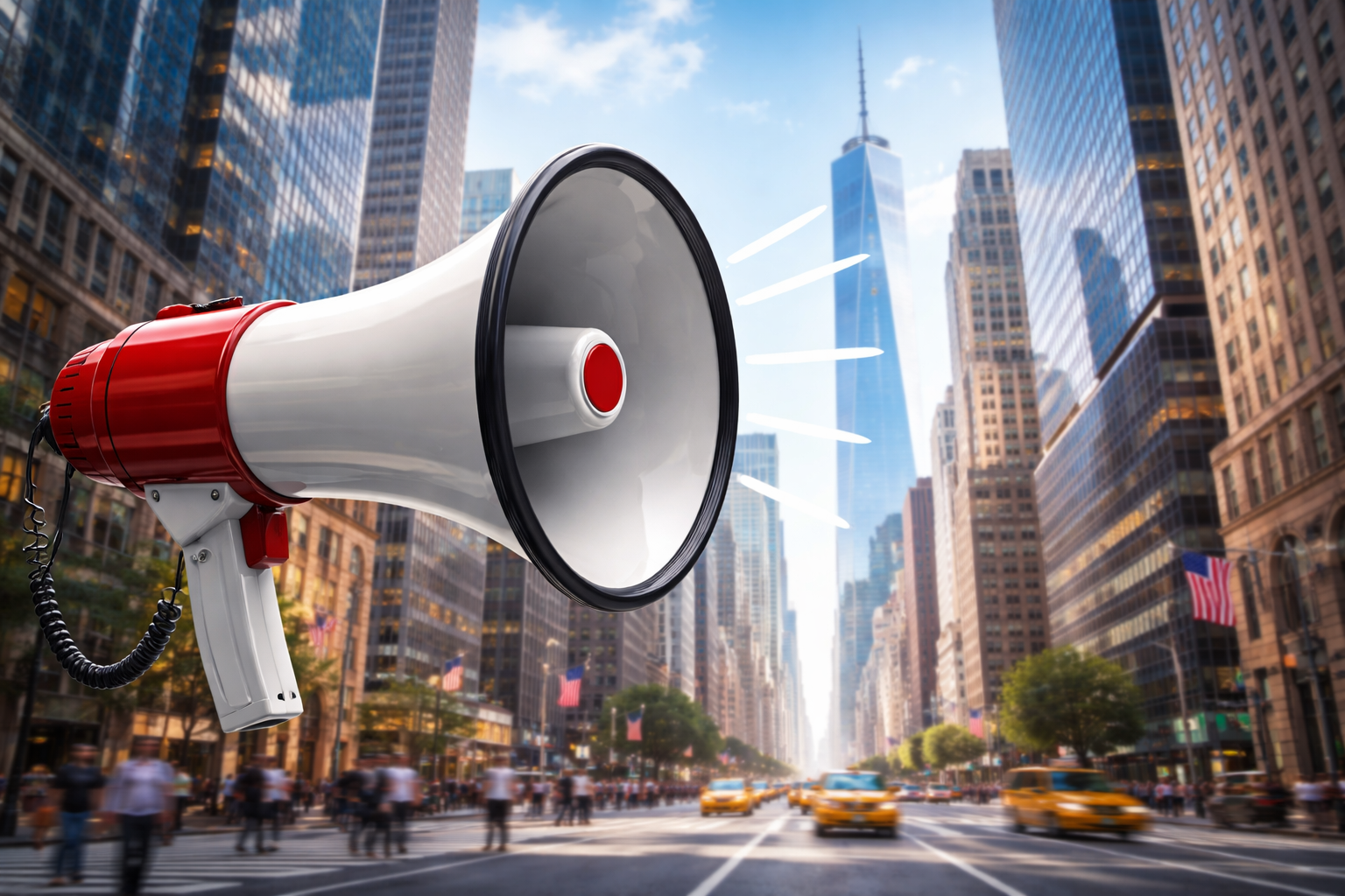 Megaphone announcing major financial technology news in a sunny city financial district street. 📣🏙️
